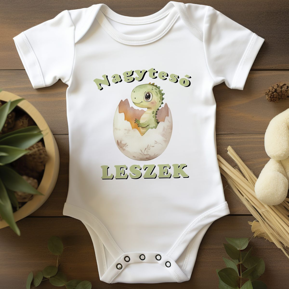 Nagytesó leszek, zöld dínóval, tojásban gyerek body