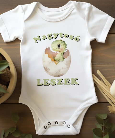 Nagytesó leszek, zöld dínóval, tojásban gyerek body
