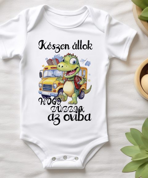Készen állok, hogy zúzzak az oviba, vidám dínóval gyerek body