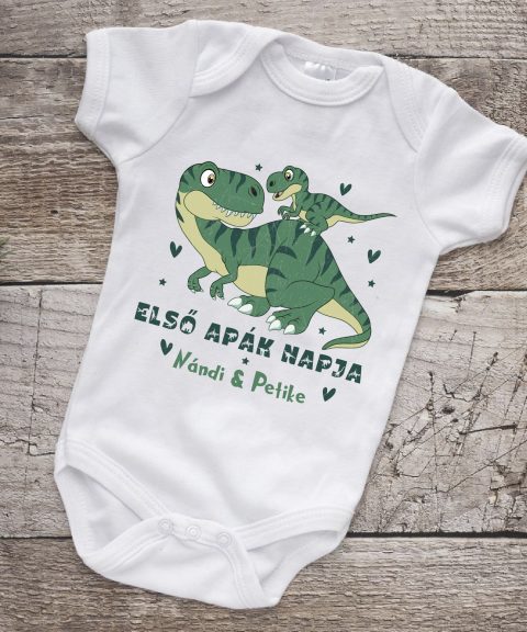 Első apák napja gyerek body, zöld dínókkal, nevekkel