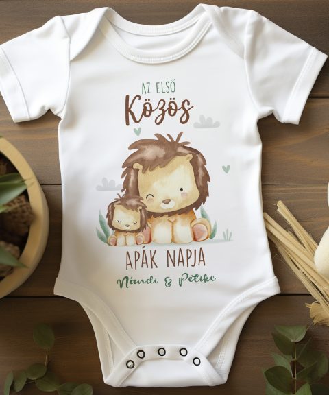 Az első közös apák napja gyerek body, ülő oroszlánokkal, nevekkel