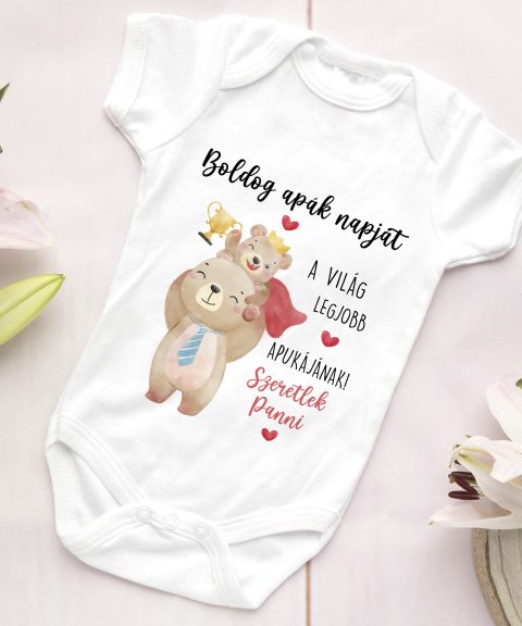 Boldog apák napját gyerek body, apa és lánya macikkal, névvel