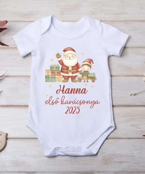 Első karácsonyos télapós gyerek body, névvel, évszámmal