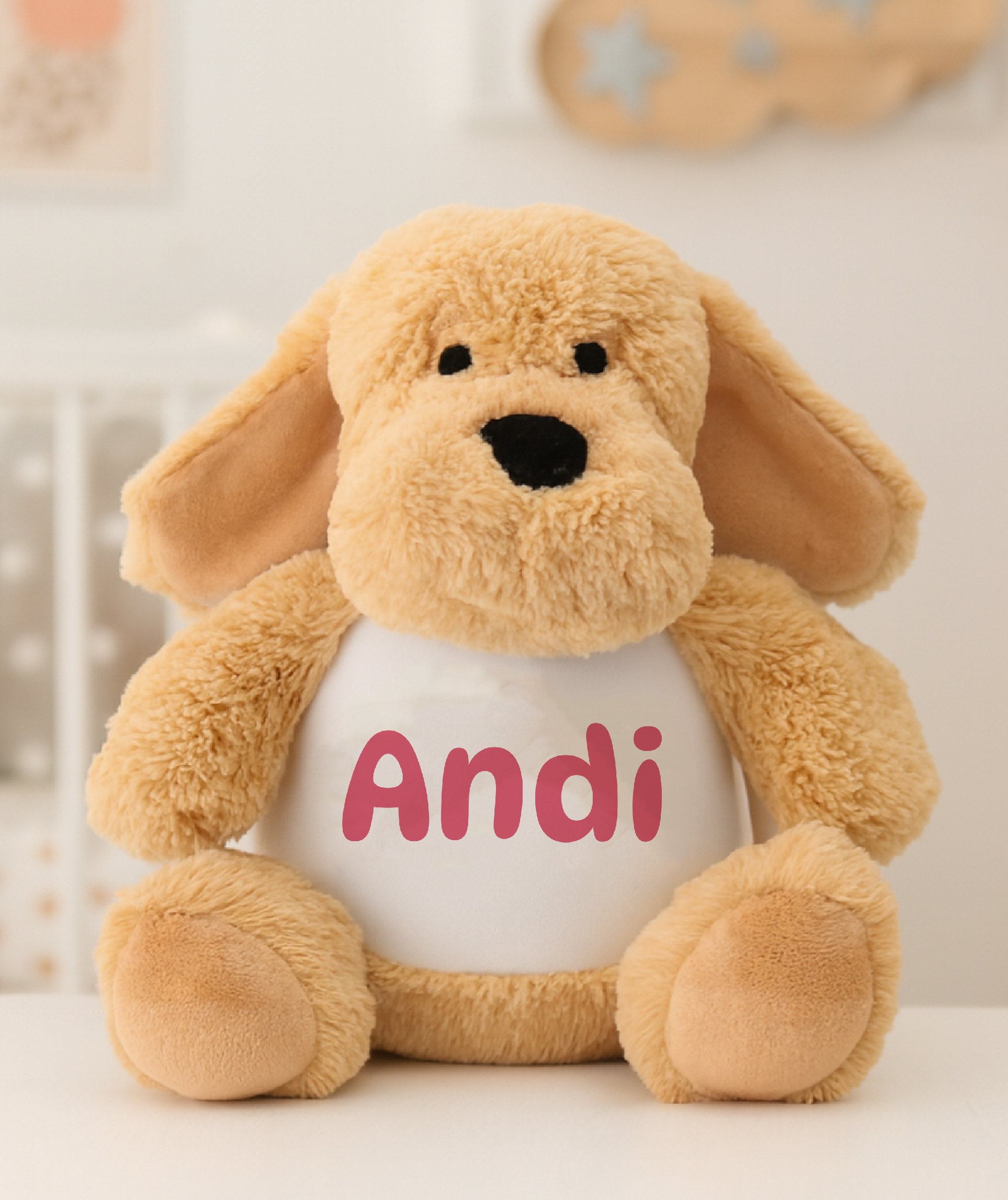 Névre szóló plüss kutya, választható színű szöveggel