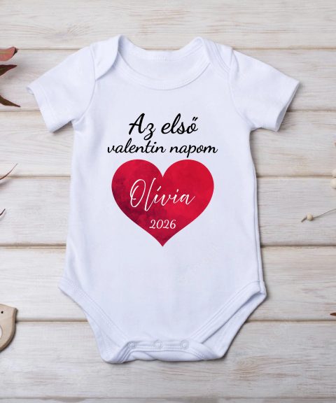 Az első valentin napom, szívvel, névvel, évszámmal gyerek body