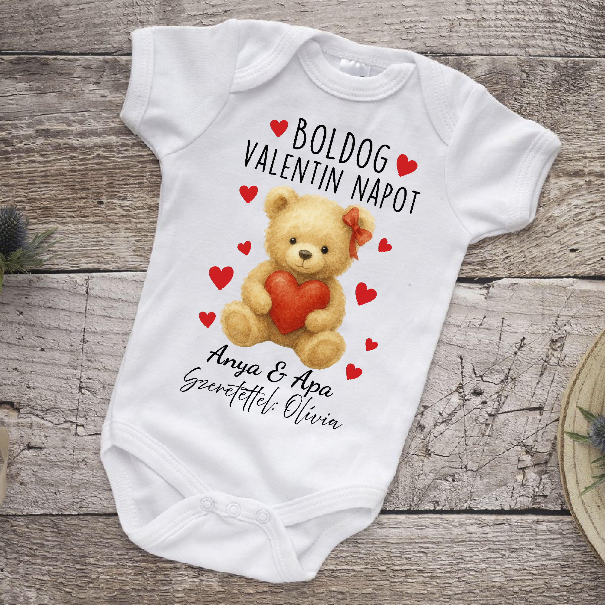 Boldog valentin napot anya és apa, macival, névvel gyerek body
