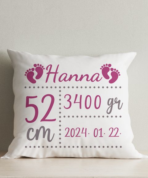 Talplenyomatos párna, gyermek nevével, születési adataival, kislányoknak