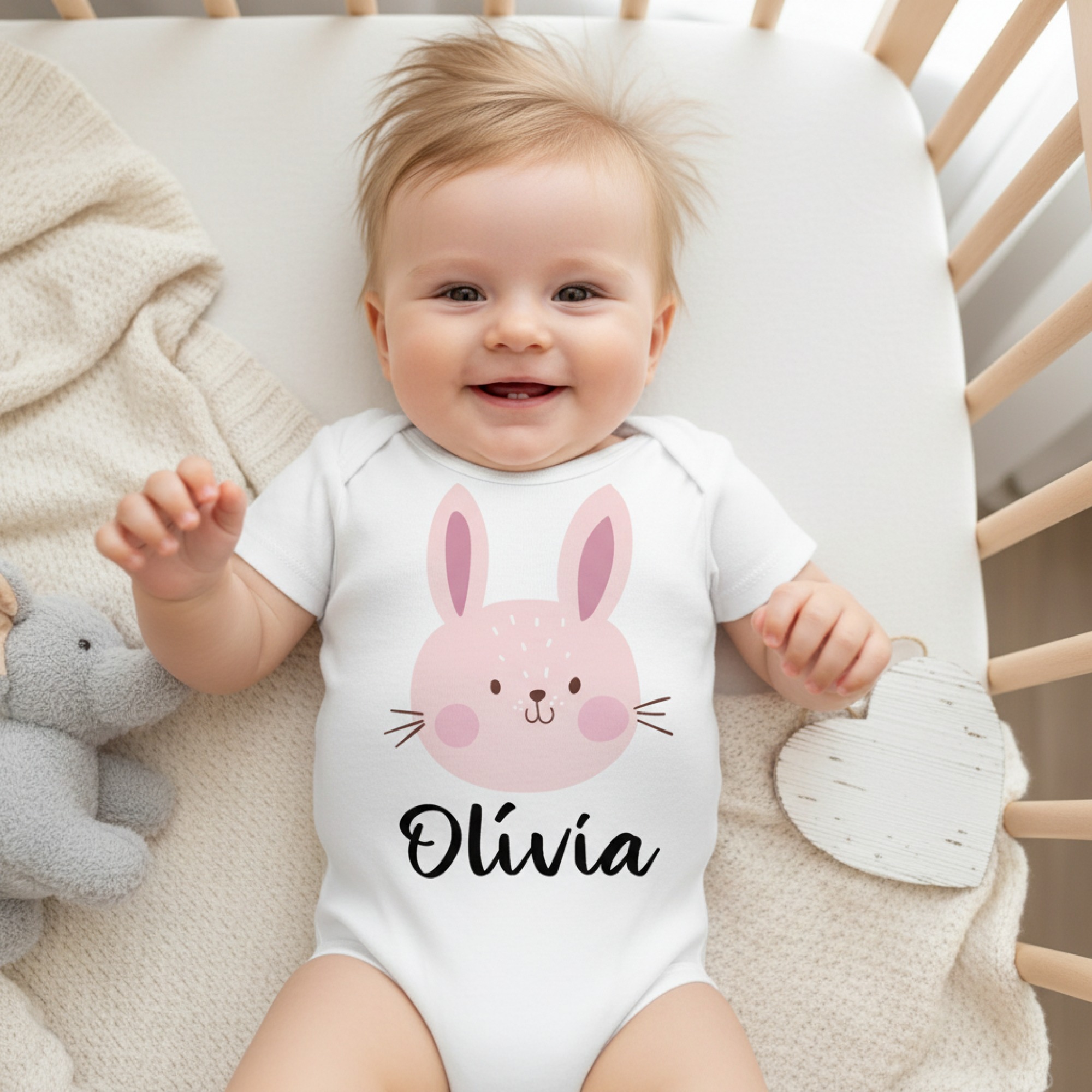 Rózsaszín nyuszis gyerek body saját névvel