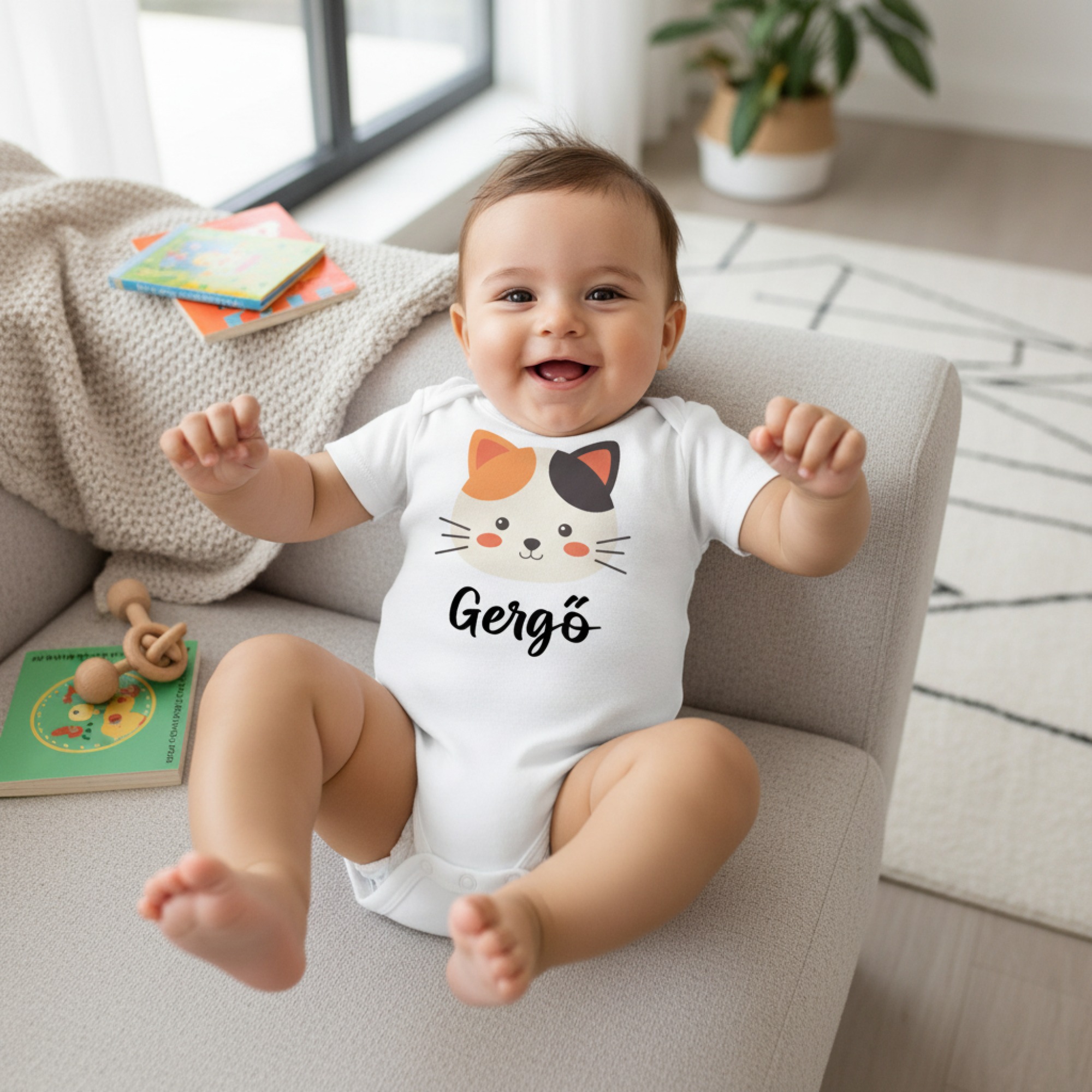 Tarka cicás gyerek body saját névvel