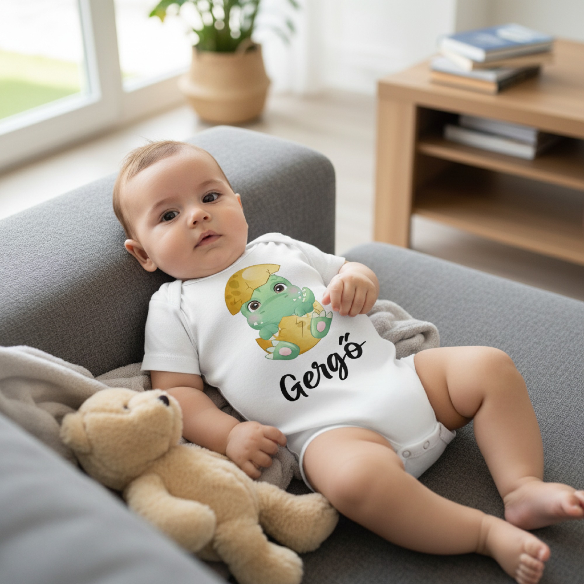 Zöld dínó tojásban gyerek body saját névvel