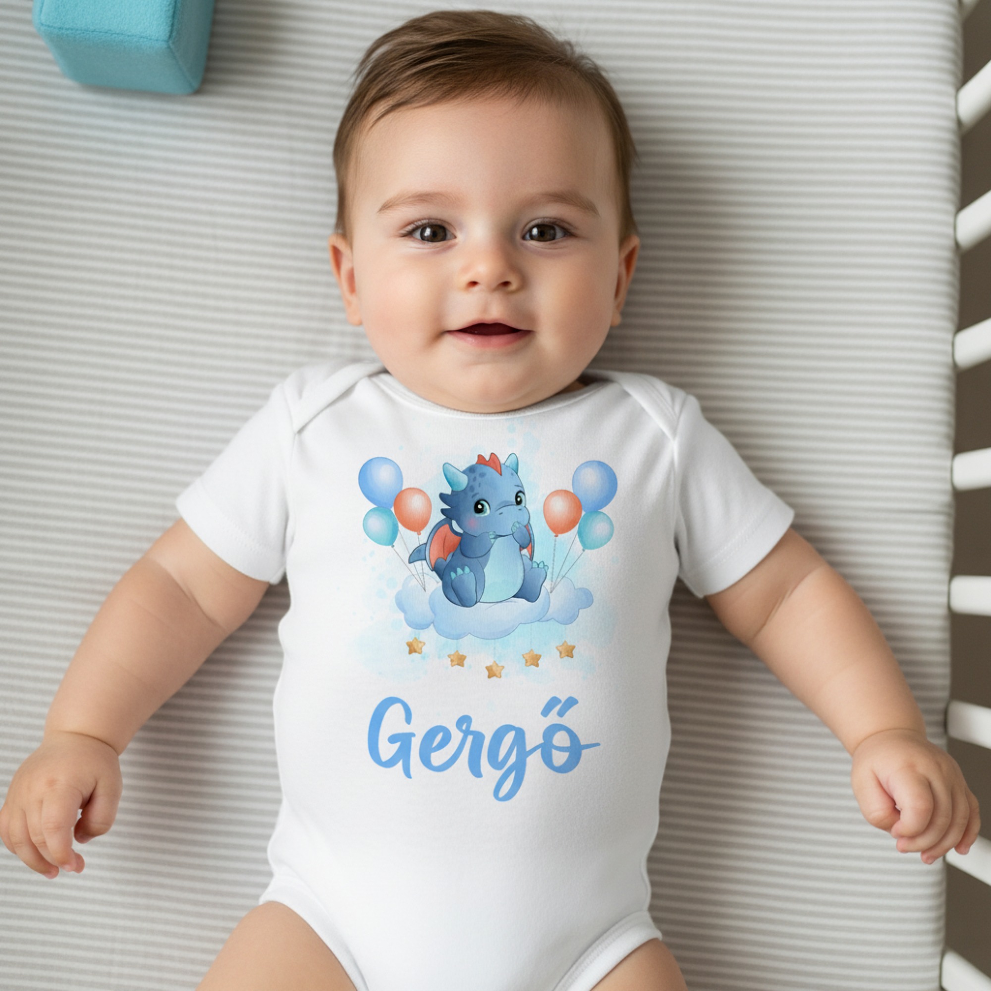 Kék dínó lufikkal gyerek body saját névvel