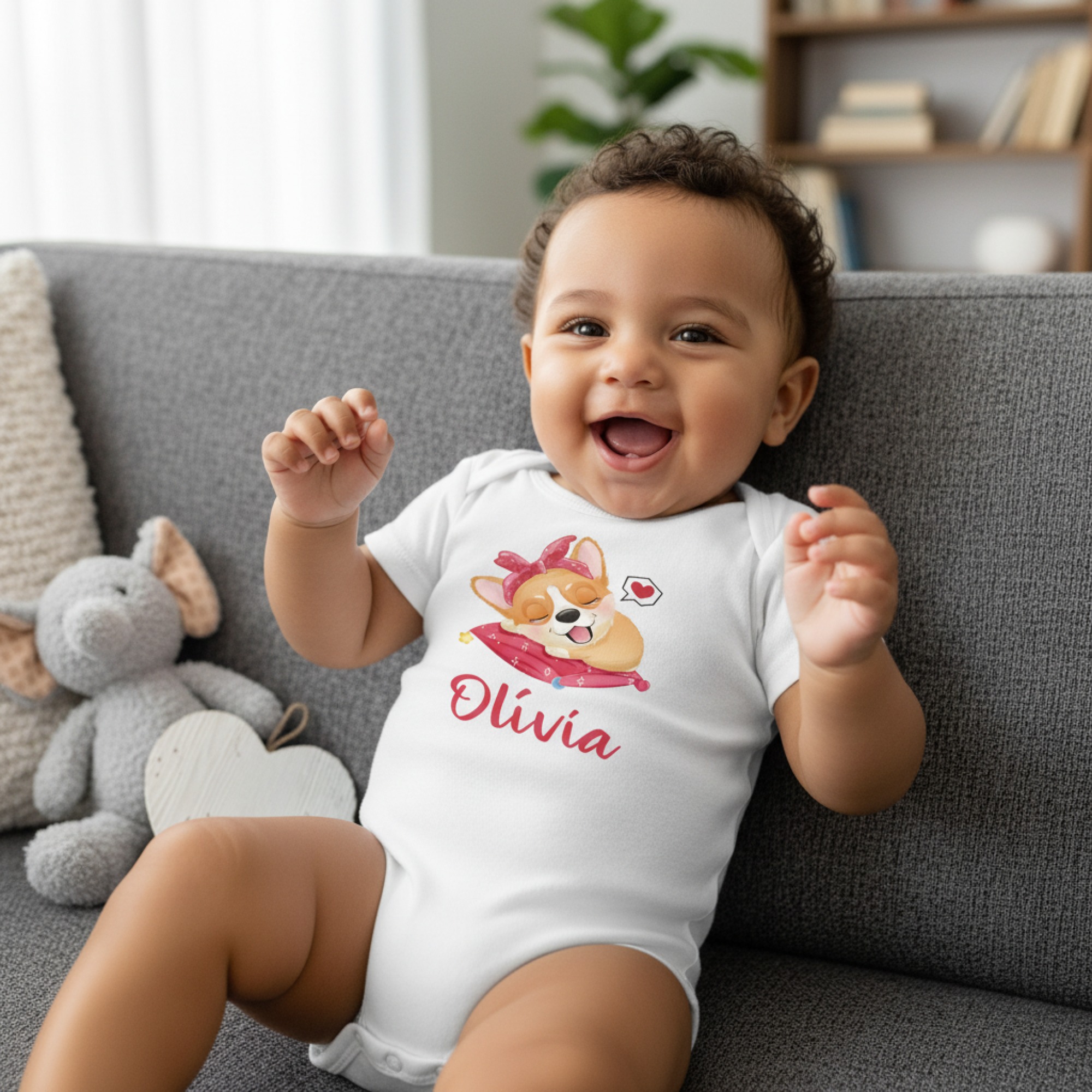 Alvó corgi gyerek body saját névvel