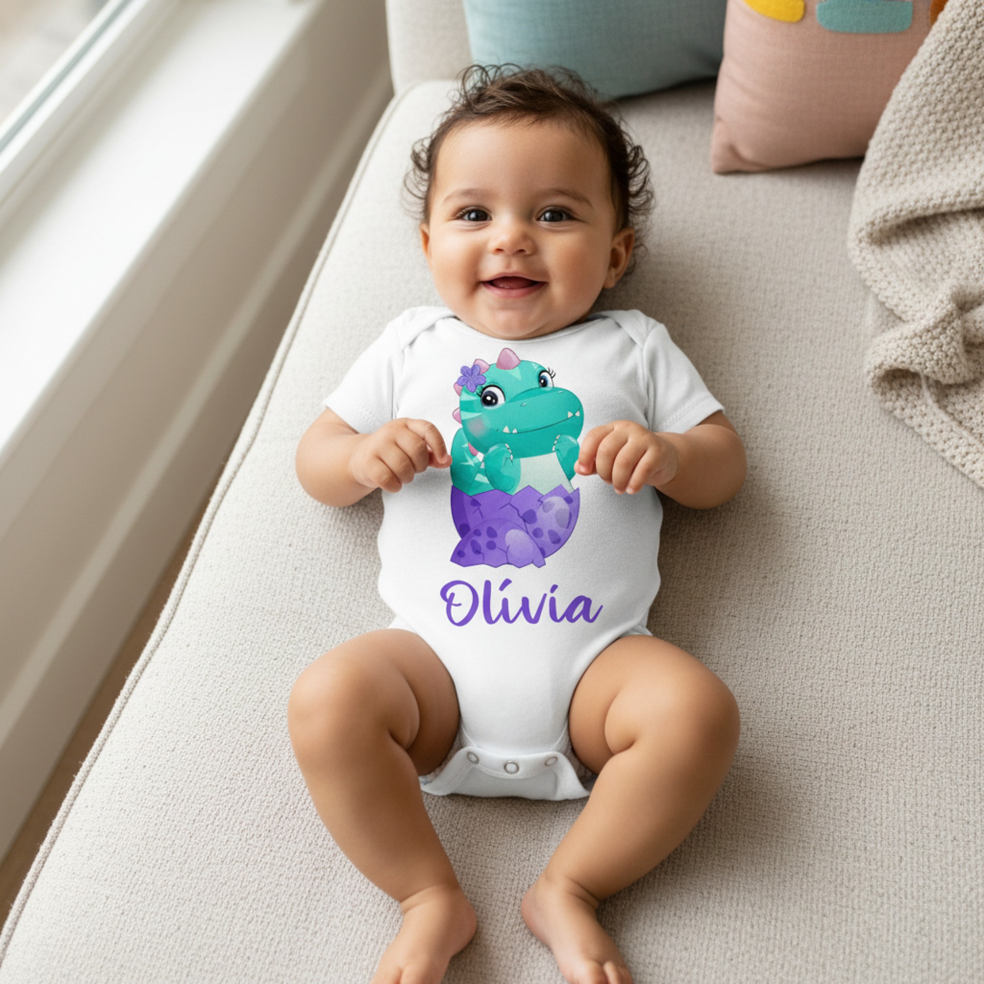 Kék dínó lila tojásban gyerek body saját névvel