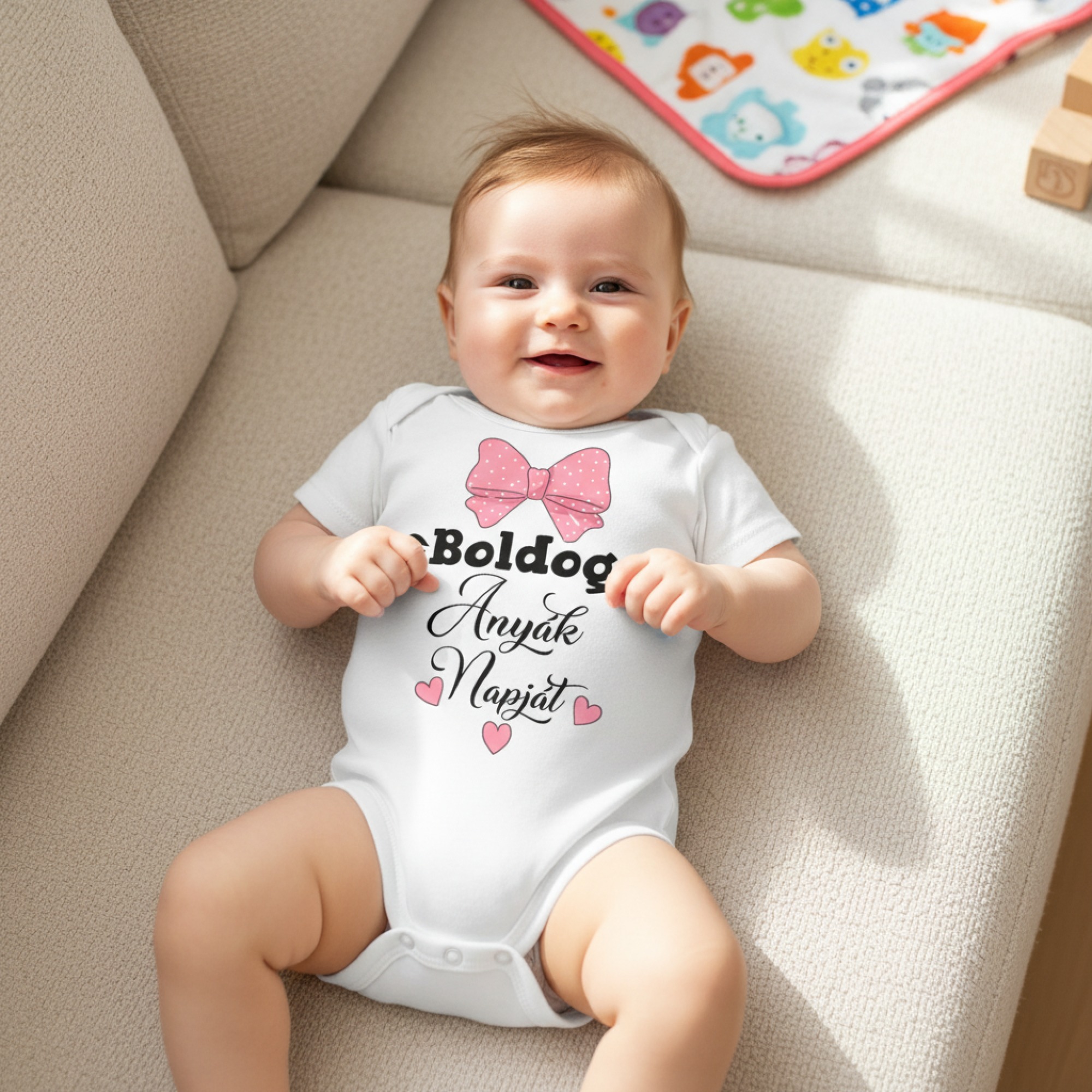 Boldog anyák napját rózsaszín masnis gyerek body