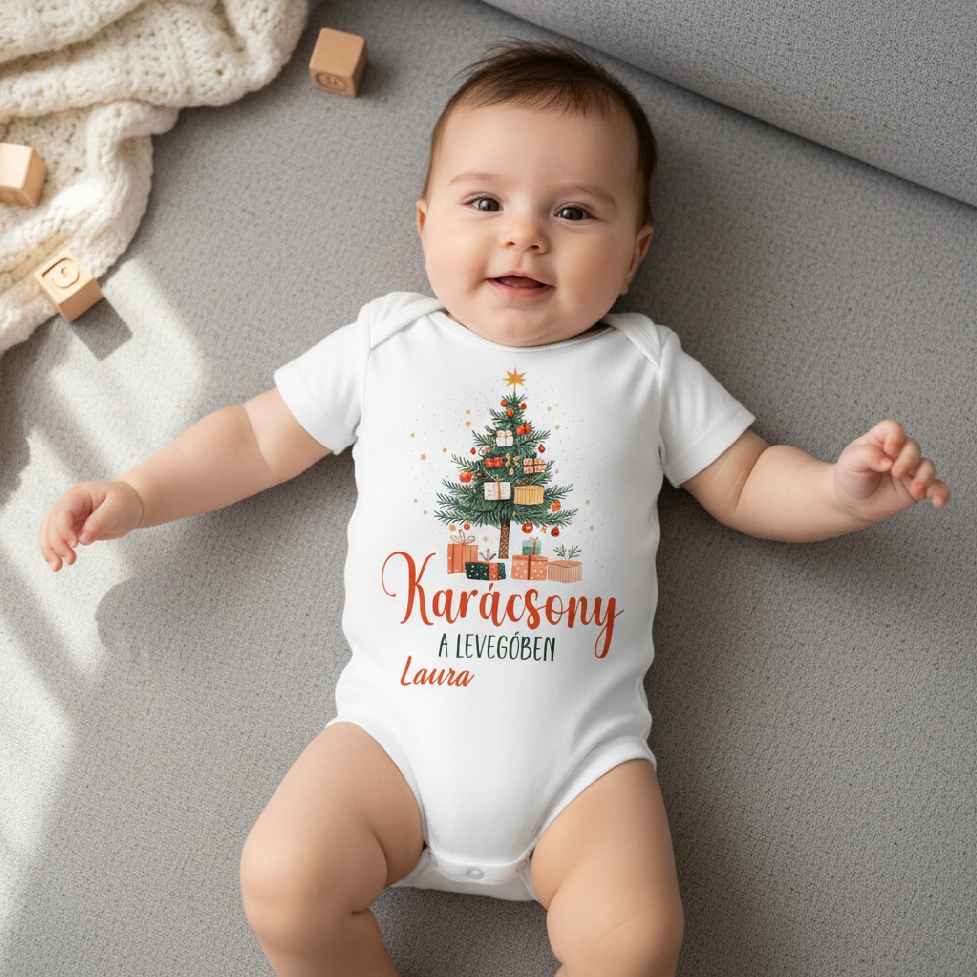 Karácsony a levegőben gyerek body, saját névvel