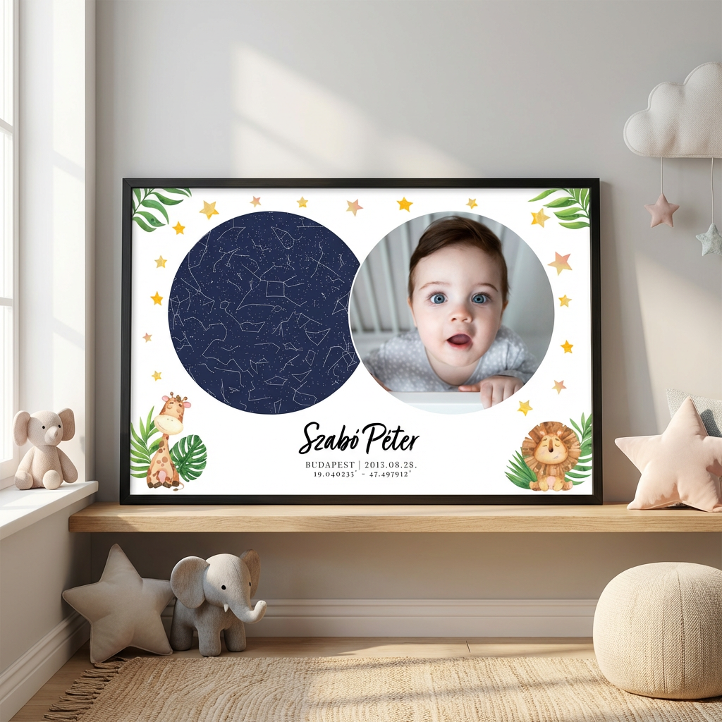 Kék fényképes csillagtérkép, szafari állatokkal