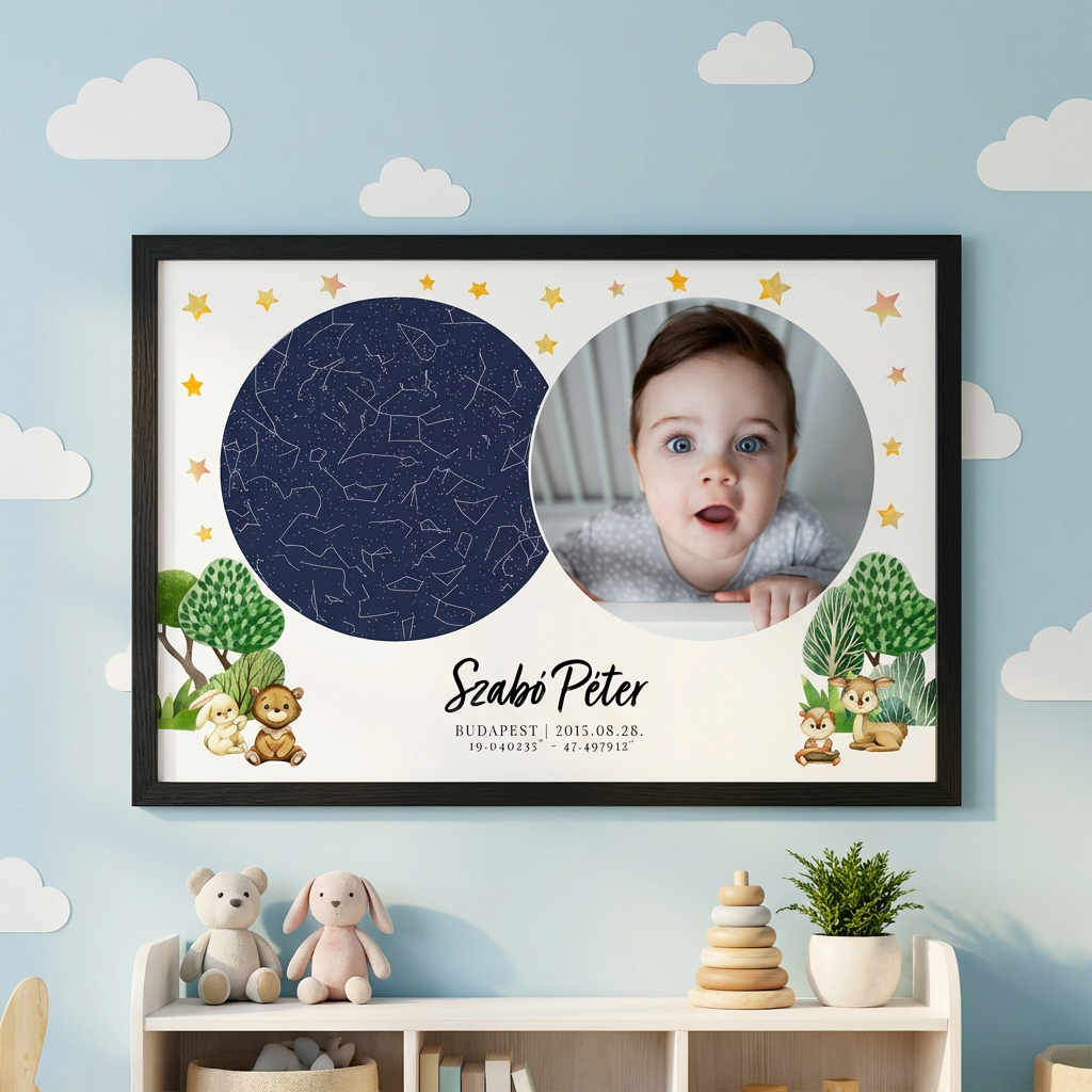 Kék fényképes csillagtérkép, erdei állatokkal