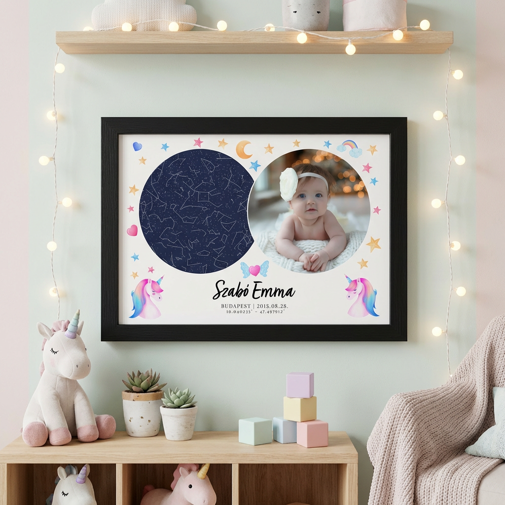 Kék fényképes csillagtérkép, unikornissal