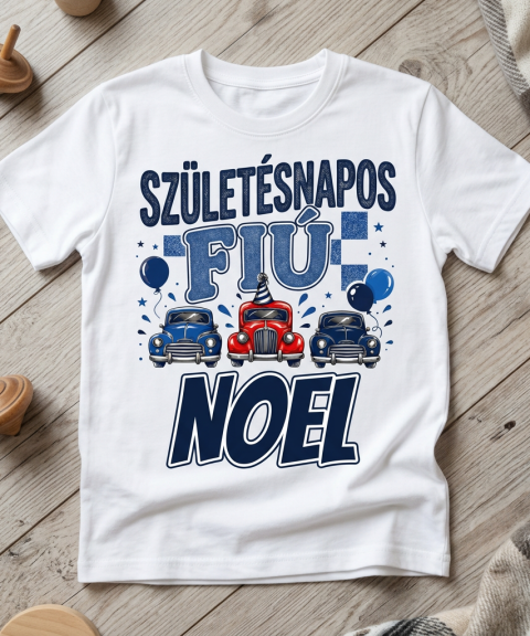 Születésnapos fiú póló, kisautókkal, névvel