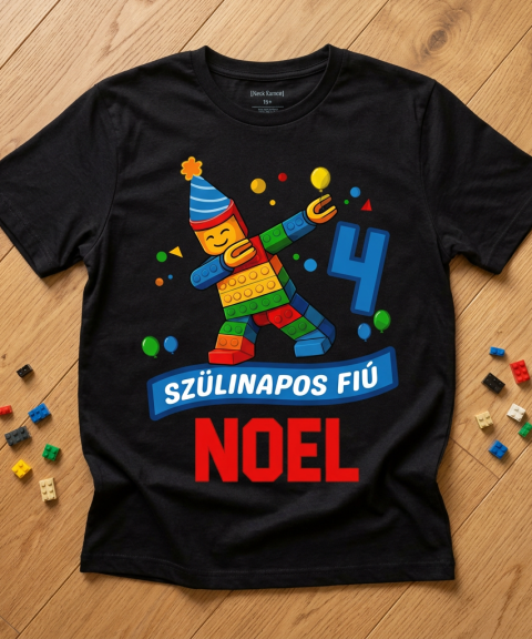 Szülinapos fiú, építőkockás figurával, névvel, életkorral