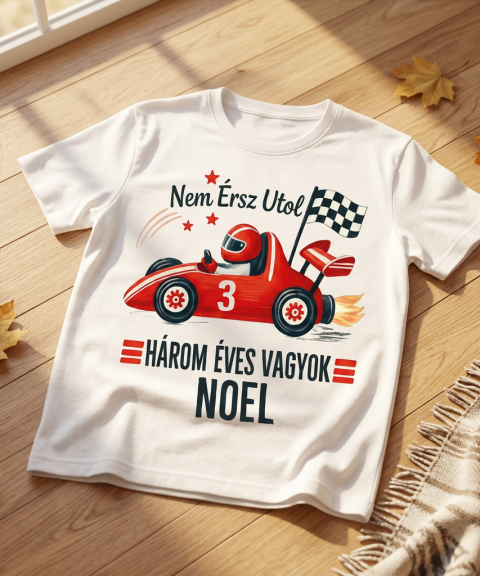 Nem érsz utol, versenyautós szülinapos póló, névvel, életkorral
