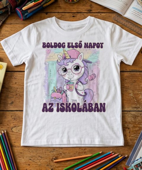 Boldog első napot az iskolában unikornisos póló