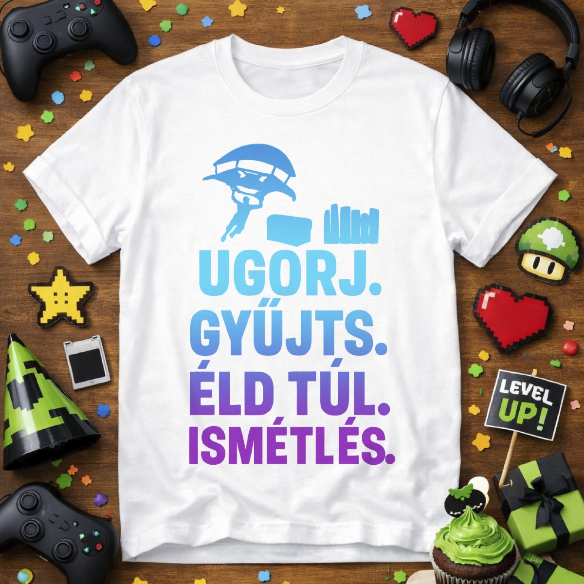 Ugorj, gyűjts, éld túl, ismétlés Fortnite-os póló
