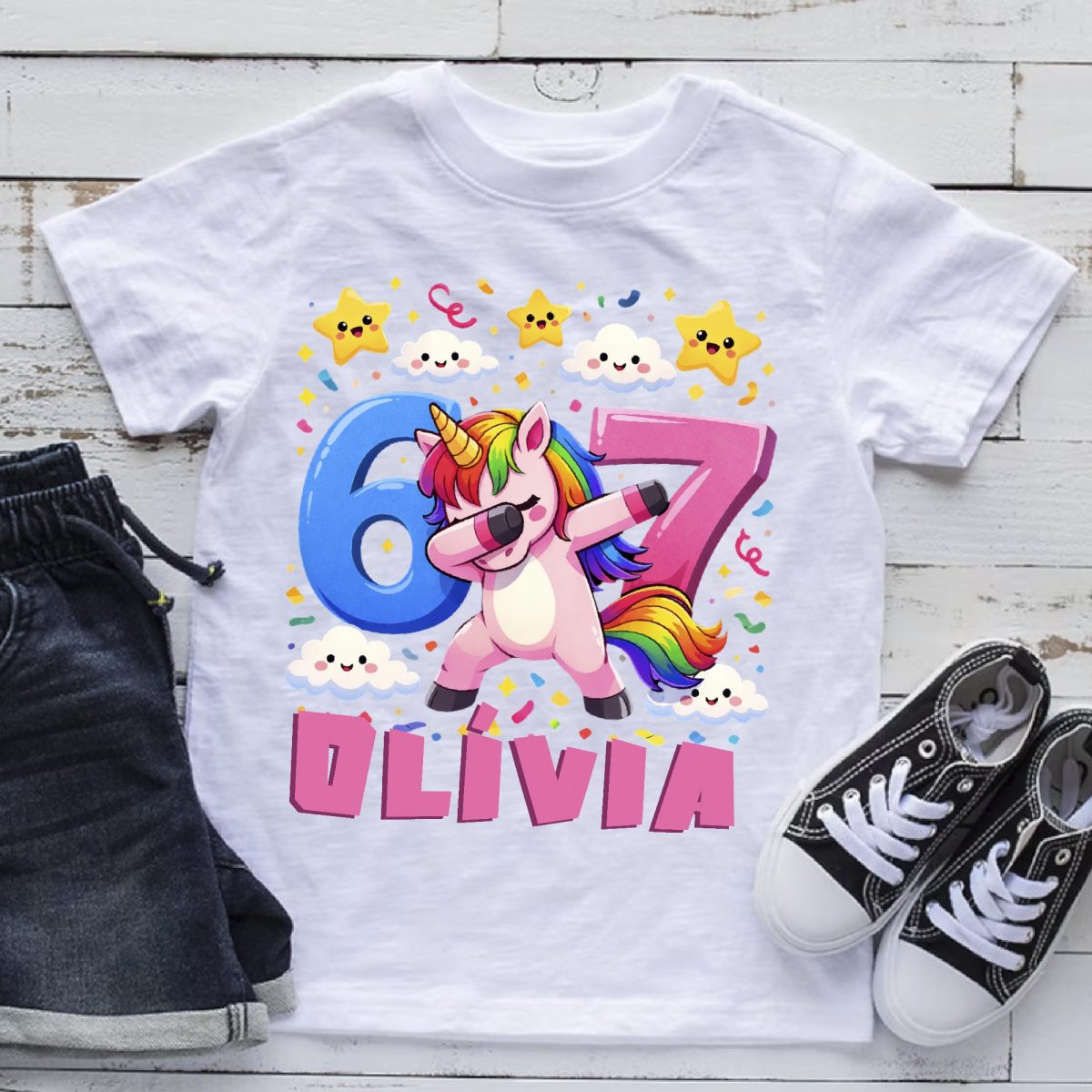 Six seven póló unikornis mintával, névvel
