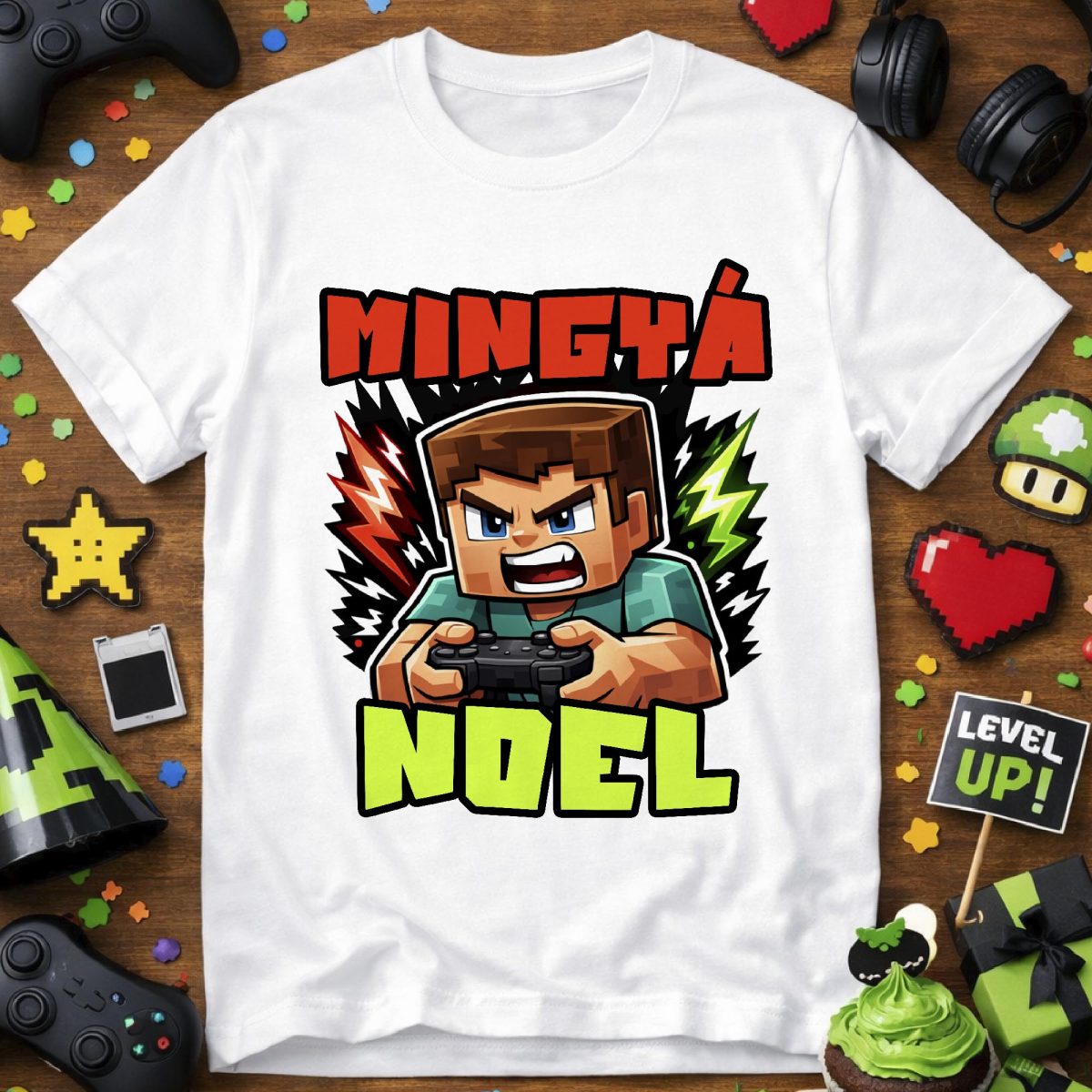 Mingyá gamer póló, fiús változat, Minecraft stílusban, névvel