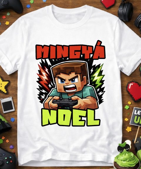 Mingyá gamer póló, fiús változat, Minecraft stílusban, névvel