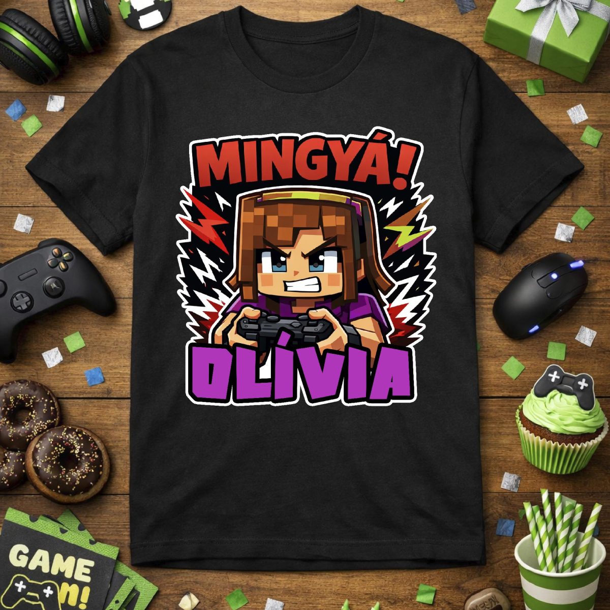 Mingyá gamer póló, lányos változat, Minecraft stílusban, névvel