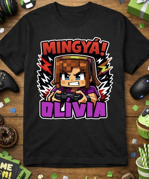 Mingyá gamer póló, lányos változat, Minecraft stílusban, névvel