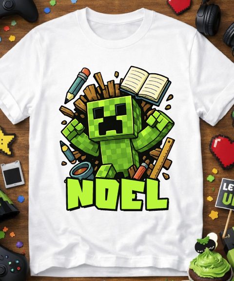 Minecraftos póló, iskolás stílusban, névvel