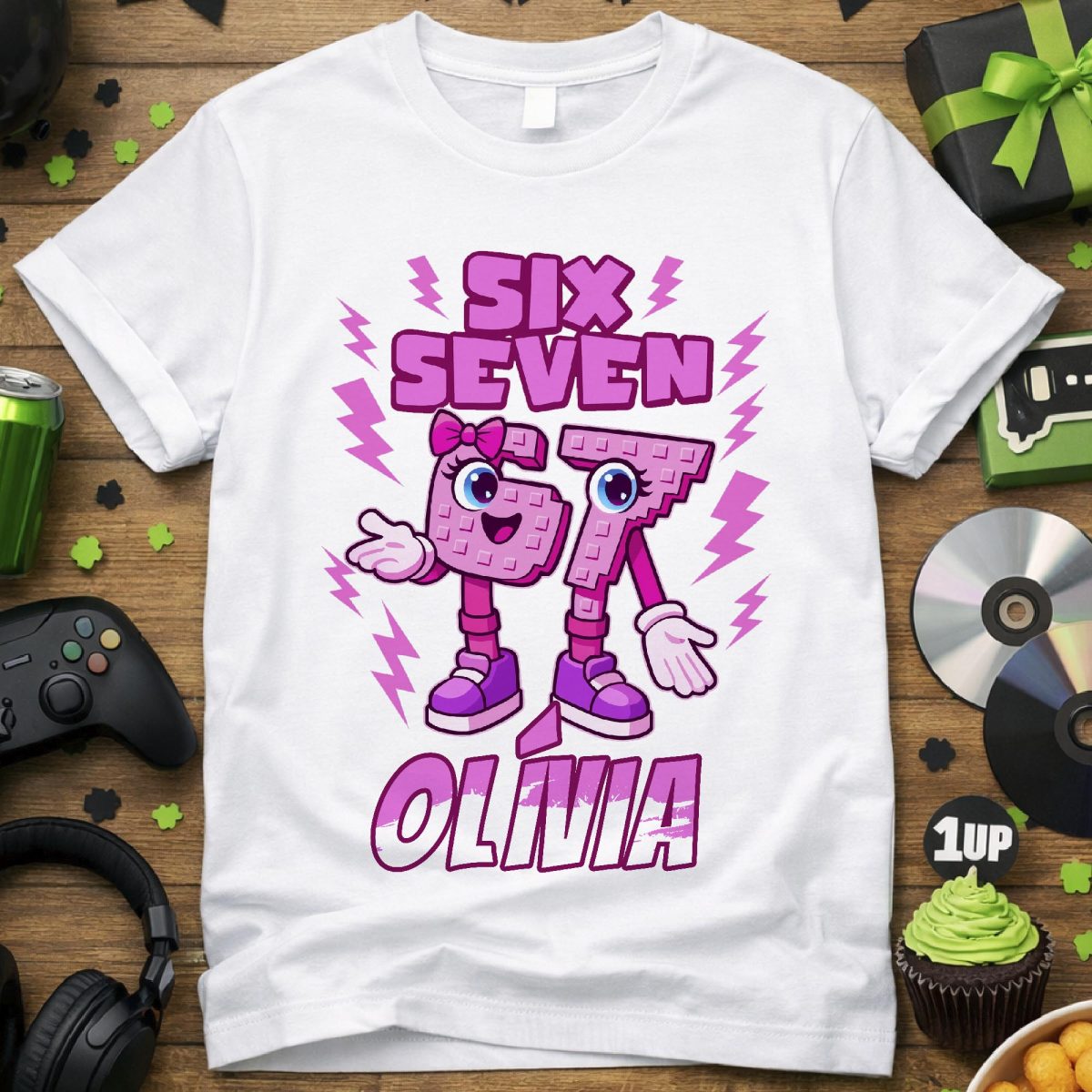 Six seven póló rózsaszín mintával, névvel