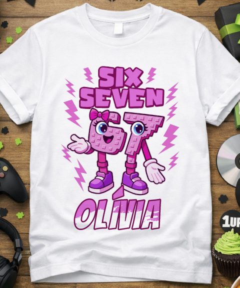 Six seven póló rózsaszín mintával, névvel