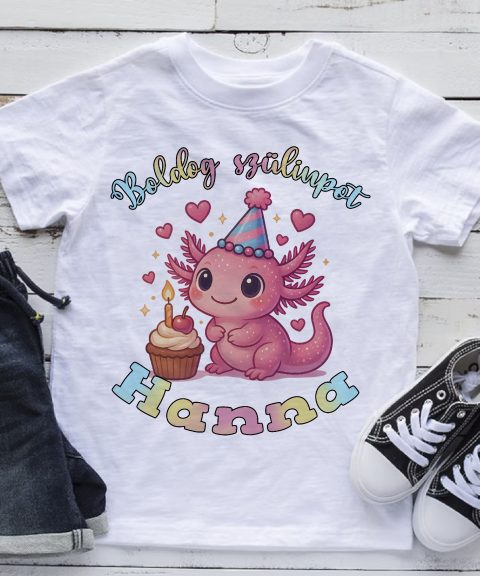 Boldog szülinapot axolotl-os póló, névvel