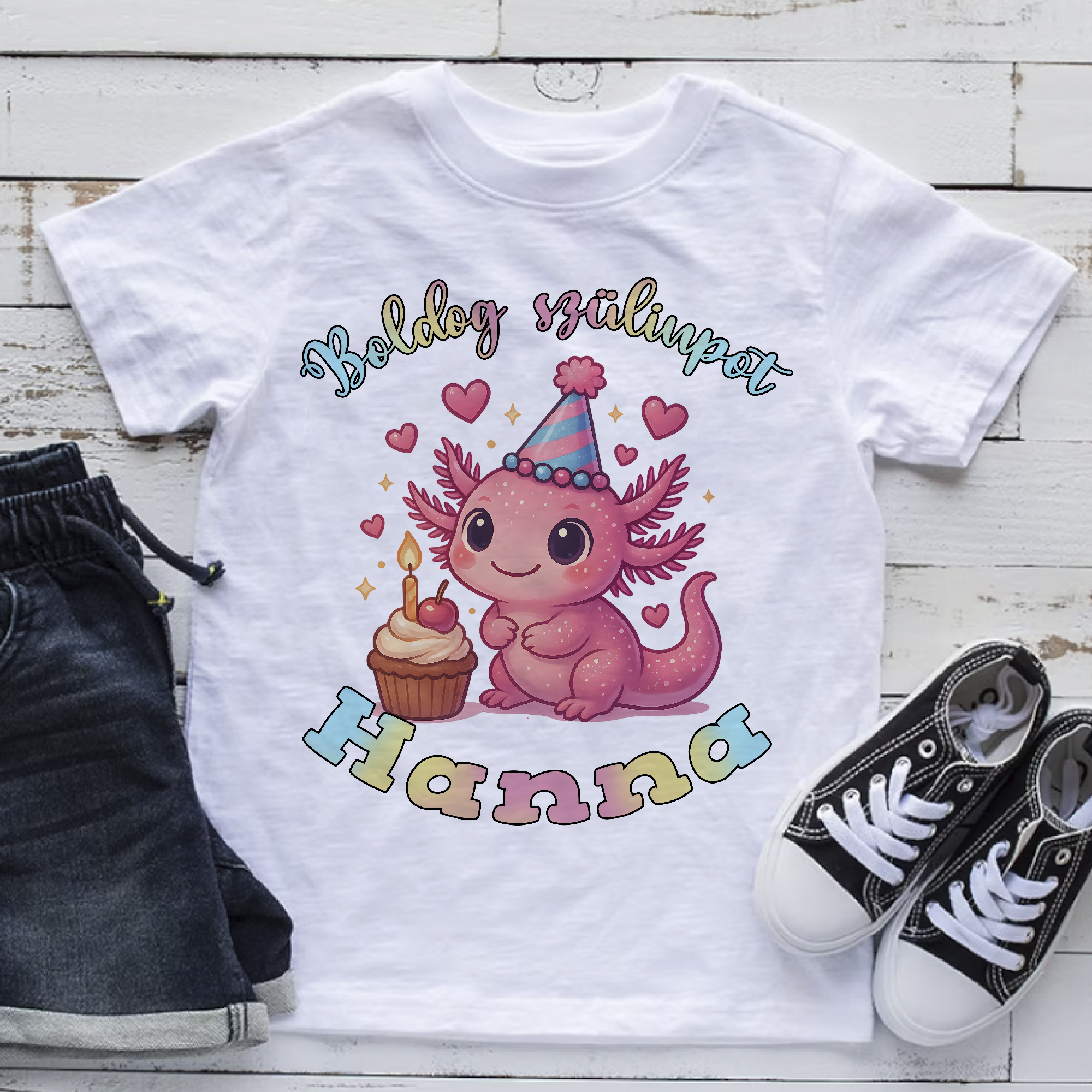 Boldog szülinapot axolotl-os póló, névvel