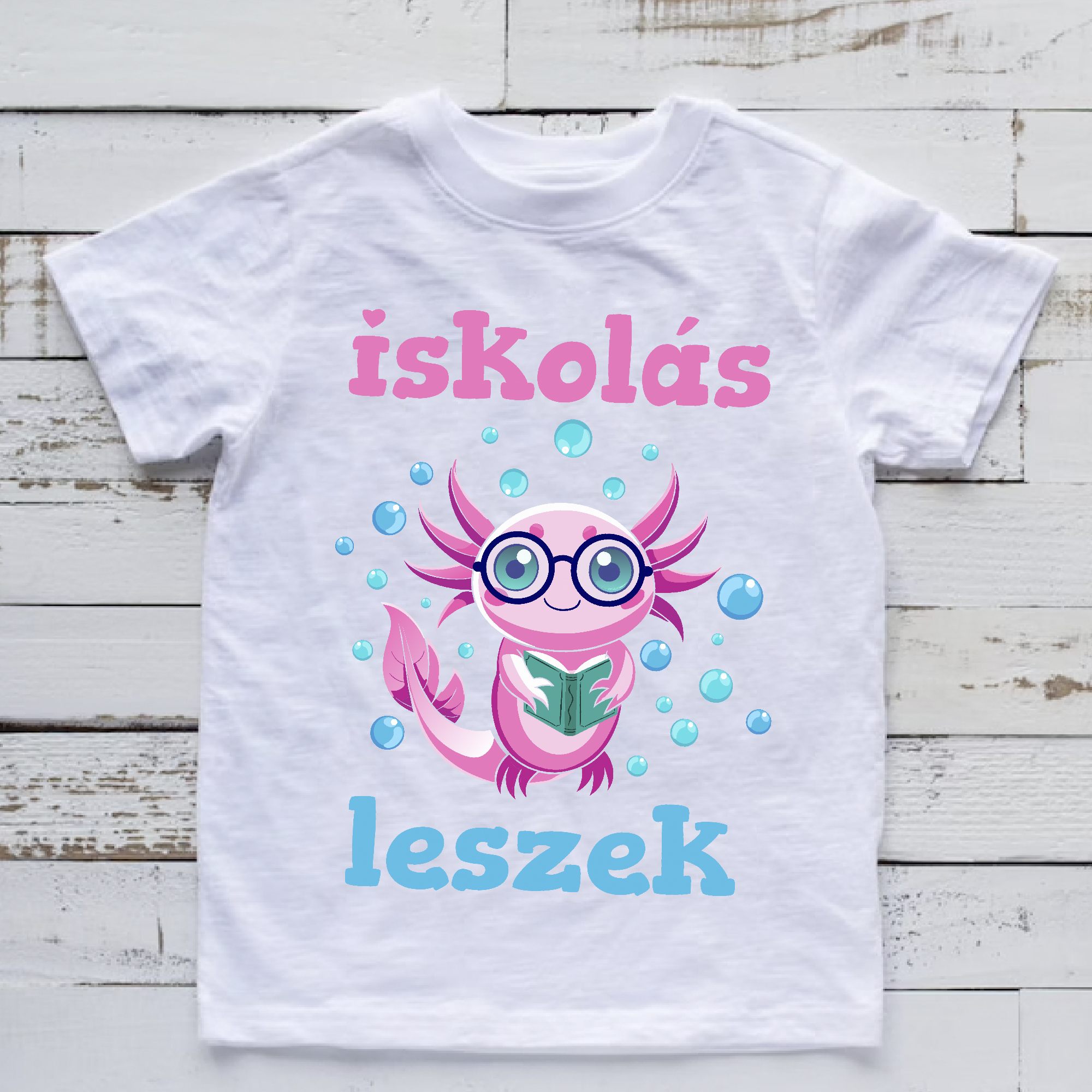 Iskolás leszek póló, szemüveges axolotl-tal